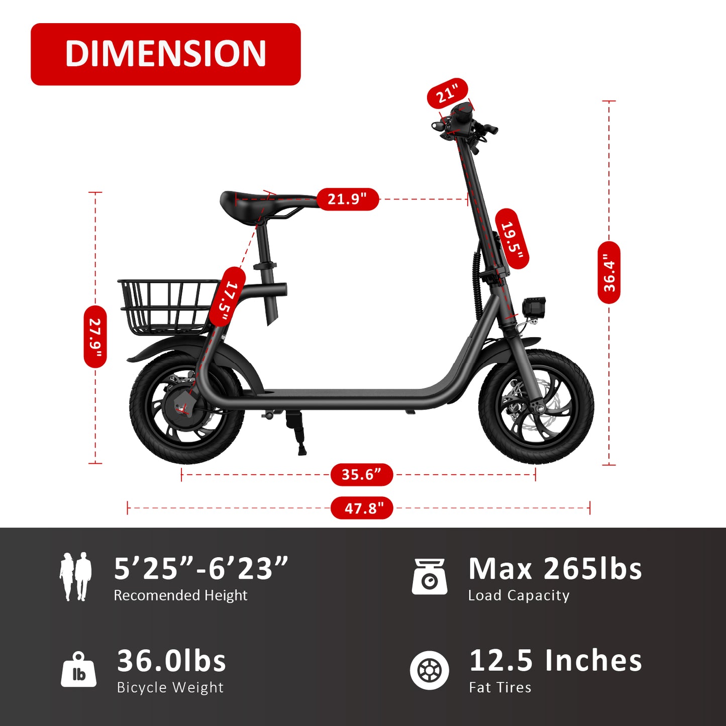 WINDHORSE Electric Scooter for Adults, Foldable Electric Scooter with Seat & Carry Basket, E Scooter with 450W Motor, 20 Miles 15.5MPH Commuter E-Scooter, 36V 8AH 12.5" Tires Urban E Scooter, C1