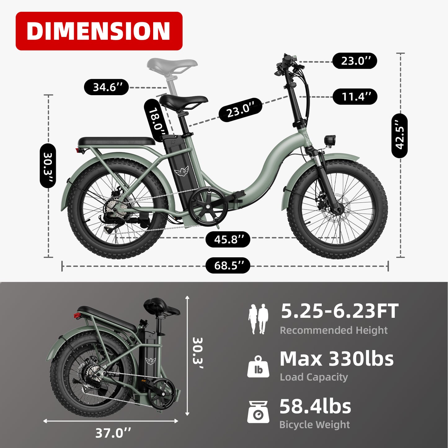 WINDHORSE Electric Bike with Dual Seat Cushions, Foldable Commuter Ebike with 350W Motor, 30 Miles 20 MPH 36V 10AH Urban Motorized Bicycles for Adults, 20" Fat Tires Snow Bicycle, Eclipse E20