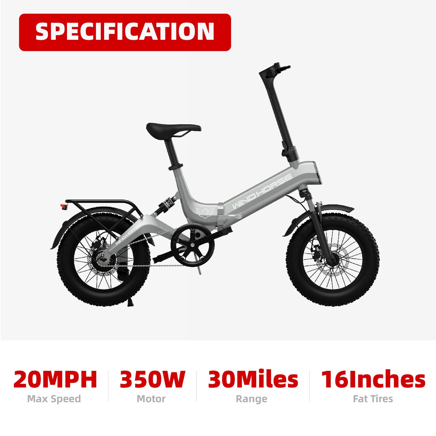 WINDHORSE Electric Bike for Adults, Smart Ebike with 350W Motor, 30 Miles 20MPH Commuter Foldable E-Bike, 36V 10AH 16" Fat Tires Beach Cruiser Bike, Dumping Power Outage Snow Bicycle, Wave W1