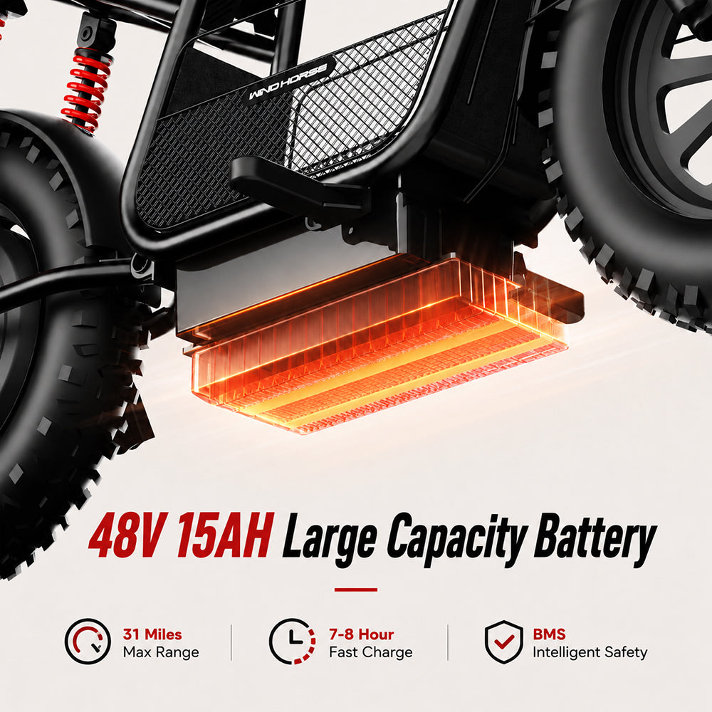Electric bike with a large capacity battery pack, showing battery details and specifications. - windhorse d1