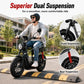 Man riding an electric scooter with superior dual suspension features highlighted - windhorse d1