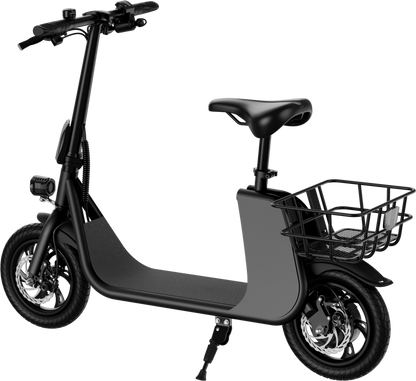 WINDHORSE E Scooter para adultos, Scooter eléctrico plegable con asiento y cesta de transporte, E Scooter con motor de 450 W, 36 V 8 AH 15.5 MPH 20 millas Commuter E-Scooter, neumáticos de 12,5 pulgadas Urban E Scooter, negro