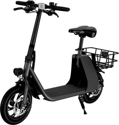 WINDHORSE E Scooter para adultos, Scooter eléctrico plegable con asiento y cesta de transporte, E Scooter con motor de 450 W, 36 V 8 AH 15.5 MPH 20 millas Commuter E-Scooter, neumáticos de 12,5 pulgadas Urban E Scooter, negro