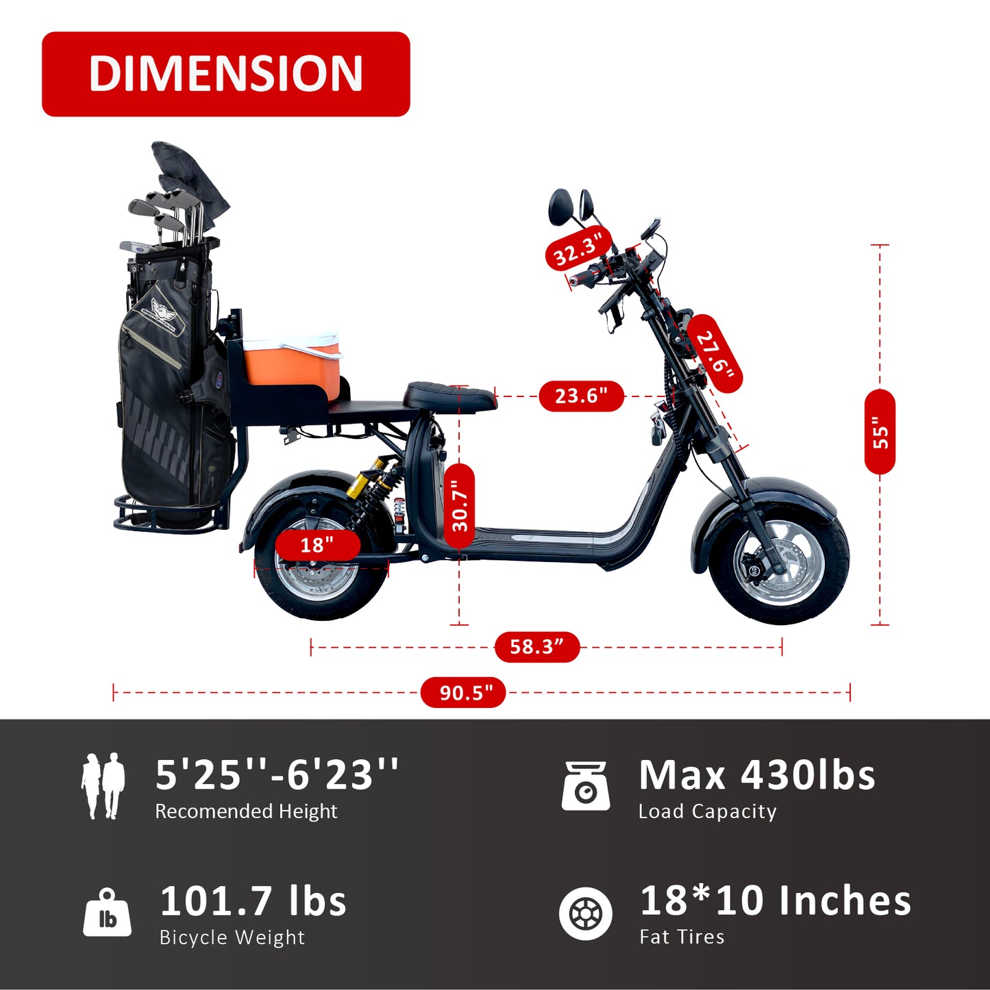 WINDHORSE Golf Electric Bike for Adults with 2000W Motor, 80 Miles 20MPH Golf Cart, 60V 21AH+16AH 18" * 10" Fat Tires Golf E Bike, Hydraulic Brake Golf E Bicycles, D2