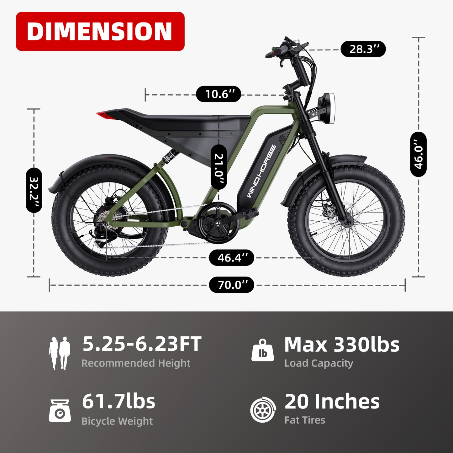 WINDHORSE Moped Electric Bike for Adults with 1000W Motor, 60 Miles 20MPH Commuter E-bike, 48V 18AH 20" Fat Tires Beach Cruiser Bike, Hydraulic Brake Dumping Power Outage Motorized Bicycles, D3
