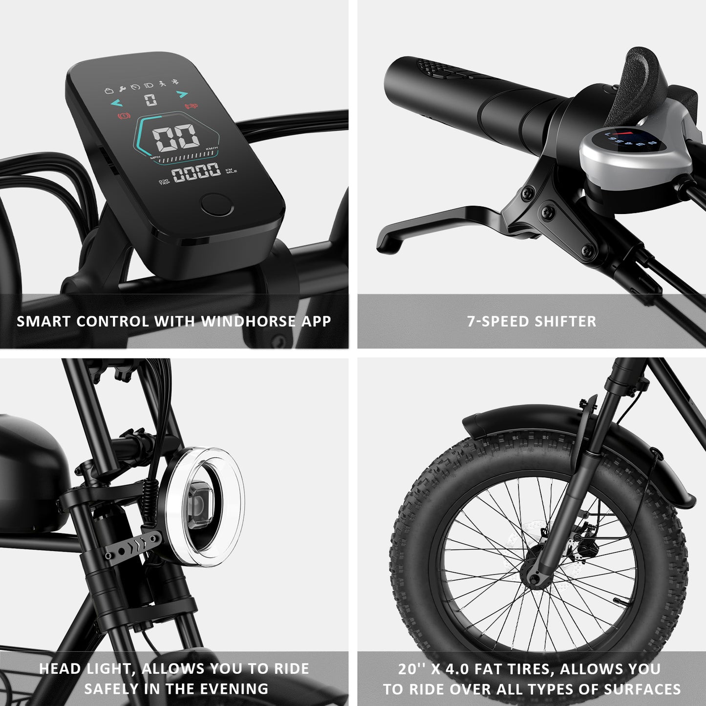 WINDHORSE Bicicleta eléctrica inteligente para adultos con motor de 1000 W, bicicleta eléctrica de cercanías de 70 millas y 20 MPH, 48 V 21 AH, descarga de frenos hidráulicos Bicicletas motorizadas por corte de energía, D5