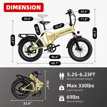 WINDHORSE Bicicleta eléctrica para adultos, bicicleta eléctrica plegable de 48 V y 13 AH con motor de 750 W, alcance de 50 millas a 20 MPH, Shimano de 7 marchas, bicicleta eléctrica de cercanías NFC Power ON / OFF, W0