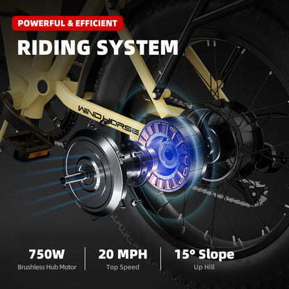 WINDHORSE Bicicleta eléctrica para adultos, bicicleta eléctrica plegable de 48 V y 13 AH con motor de 750 W, alcance de 50 millas a 20 MPH, Shimano de 7 marchas, bicicleta eléctrica de cercanías NFC Power ON / OFF, W0