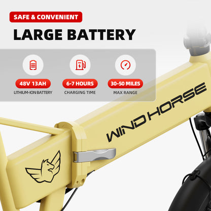 WINDHORSE Bicicleta eléctrica para adultos, bicicleta eléctrica plegable de 48 V y 13 AH con motor de 750 W, alcance de 50 millas a 20 MPH, Shimano de 7 marchas, bicicleta eléctrica de cercanías NFC Power ON / OFF, W0